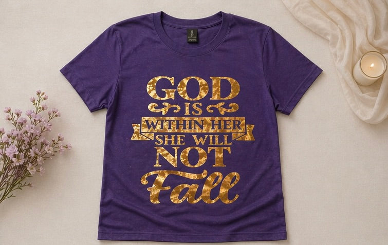 God is within her she will not fail Tshirt- Metallic gold