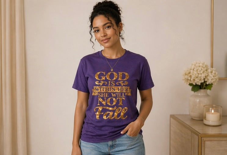 God is within her she will not fail Tshirt- Metallic gold